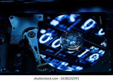 A hard disk with a blue binary code