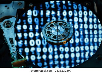 A hard disk with a blue binary code