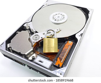 hard disk of a computer with the padlock symbolizing the encryption of secret data on white background