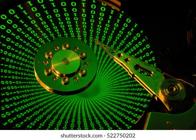 hard disk drive of computer, with future green binary effects. background.