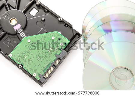 Hard disk drive (HDD) with circuit board and dvd discs on white background