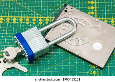 Hard Disk Drive With Lock. Ransomware Virus, Data Protection Concept