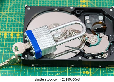 Hard Disk Drive With Lock. Ransomware Virus, Data Protection Concept