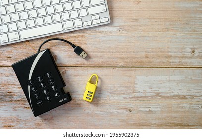 Hard Disk Drives Requiring A Password, Data Protection,Key With Code,Computer Keyboard,Electronic Information Security Concept