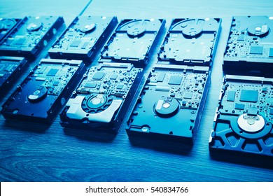 hard disk drives in a rows, blue tone