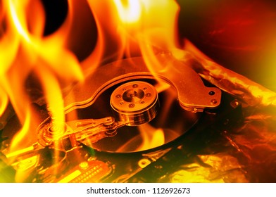 Hard Disk Failure. Computer Hard Disk On Fire, Burning In Flames. Data Loss Concept, Computer Crash.