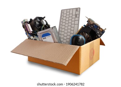 Hard disks and motherboards and old computer hardware accessories, Electronic waste in paper boxes isolated on white background, Reuse and Recycle concept. - Shutterstock ID 1906241782
