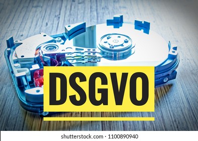 Hard drive 3.5 inches as a data storage with motherboard and in german DSGVO (Datenschutzgrundverordnung) in english GDPR (General Data Protection regulation)