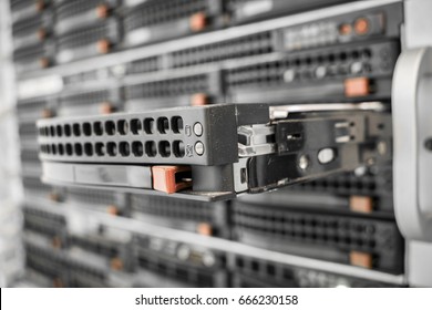 The hard drive in the computer server is close-up. Data storage is performed on media. Selective focus