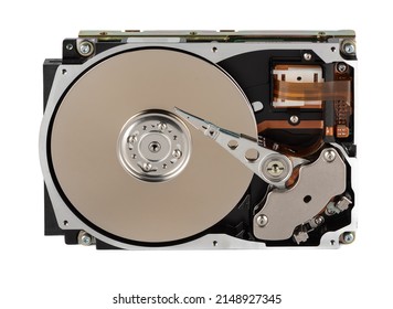 Hard drive for a computer or server without a cover on a white background. Close up.