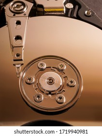 Hard drive computer storage internal design. After being dismantled. four terabyte hard drive interior.