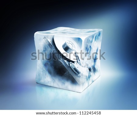 Hard drive frozen in ice cube, data storage concept, isolated path included