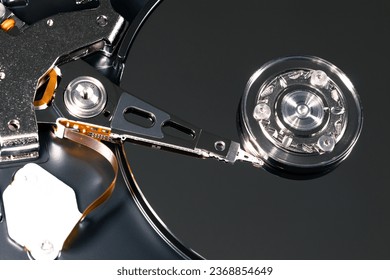 Hard drive from the inside. Surface with hard drive data. HDD inside