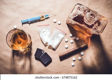 Hard drugs and alcohol. Top view