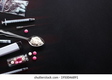 Hard Drugs, Syringe, Heroin On Dark Background With Red Glow And Place For Text Concept Of Danger Stop Addiction Drug Trafficking