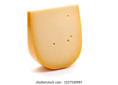 Hard Dutch Gouda Cheese, Isolated On White Background.