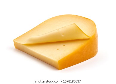 Hard Dutch Gouda Cheese, Isolated On White Background.