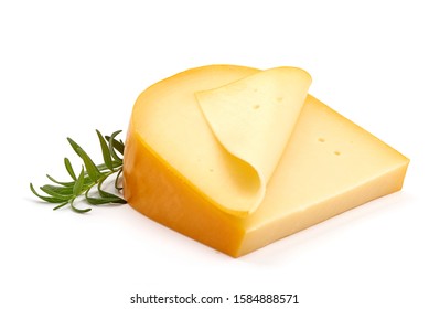 Hard Dutch Gouda Cheese, Isolated On White Background.