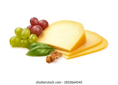 Hard Dutch Gouda Cheese, Isolated On White Background.