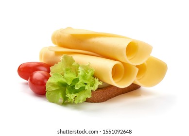 Hard Dutch Gouda Cheese Slices, Isolated On White Background.