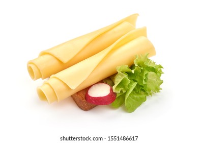 Hard Dutch Gouda Cheese Slices, Isolated On White Background.