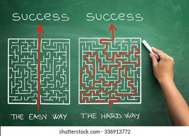 hard and easy way illustrated shown by maze on blackboard  - Shutterstock ID 336913772