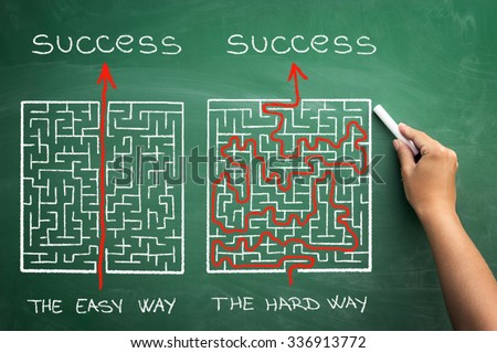 hard and easy way illustrated shown by maze on blackboard 