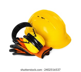 Hard hat, earmuffs and gloves isolated on white. Safety equipment - Powered by Shutterstock