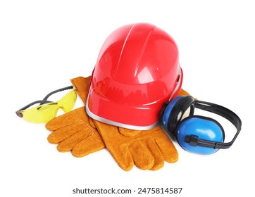 Hard hat, gloves, earmuffs and protective goggles isolated on white - Powered by Shutterstock