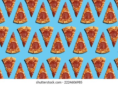 A hard light pattern of cut salami pizza pieces on a seamless bright blue background, top view