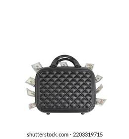 Hard Plastic New Modern Suitcase Full Of Dollars. Money Earning Or Robbery Or Fraud Concept Item Isolated On White Background