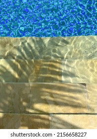 Hard Shade From The Palm Leaves On The Background Of Swimming Pool. 