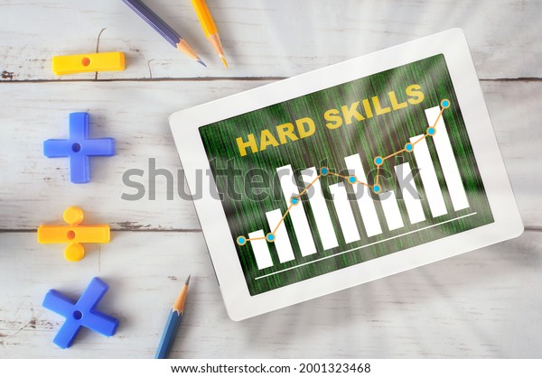 Hard\
skill and growth graph loading on computer digital tablet with\
mathematics symbol and colored pencil on wooden\
desk
