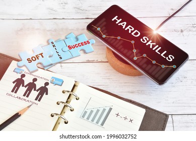 Hard Skills Business Success And Finance Technology Growth Graph On Smart Phone On Wireless Charger With Soft Skills Written On Blue Puzzle. Ability And Talent Concept With Empathy Collaboration Idea