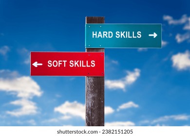 Hard Skills versus Soft Skills - Road sign with two options