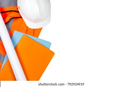 Hard White Safety Hat And Site Files Laying On A Orange Hi Vis Vest On A White Isolated Background