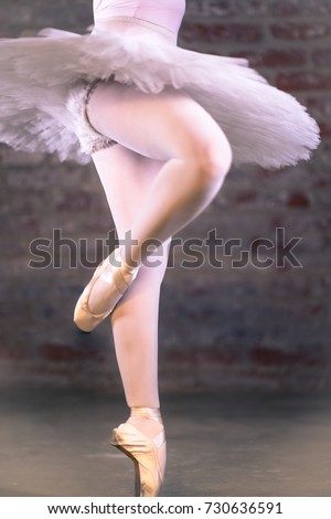 Hard work ballet technique exercise. Closeup of young attractive girls body in white balletic tulle skirt, panties and lace pointe shoes. Motion blur of elegant ballerina dancer legs.