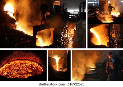 Hard work in the foundry, workers controlling iron smelting in furnaces, too hot and smoky working environment in collage - Powered by Shutterstock