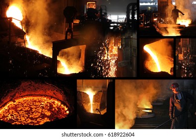 Hard work in the foundry, workers controlling iron smelting in furnaces, too hot and smoky working environment in collage - Powered by Shutterstock