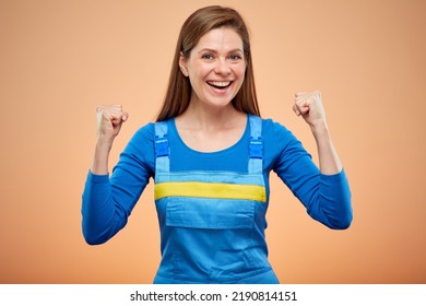 Hard Worker Woman In Overalls Flexing Arm. Woman Power Concept. Isolated Female Portrait.