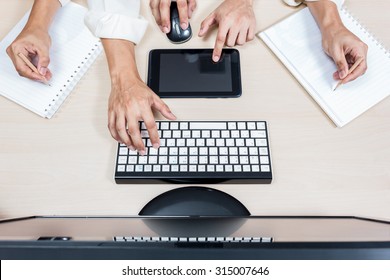 Hard Working Asian Businessman, Male Employee Hands With Computer On Workspace Desk In Office