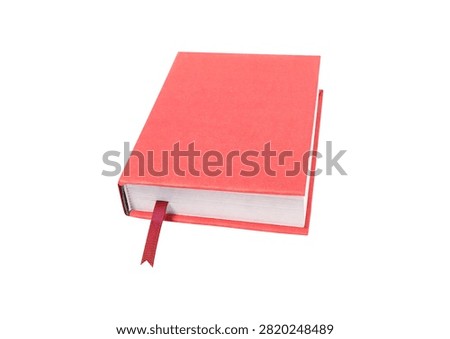 Hardback notebook lying down, scarlet cover, textile bookmark.