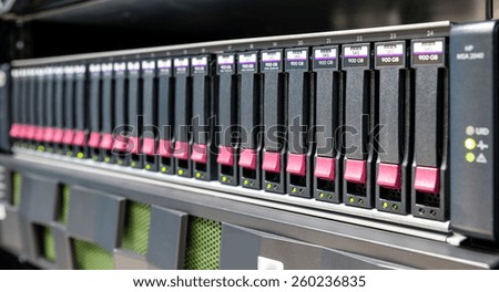 Hardisk on storage server computer close up