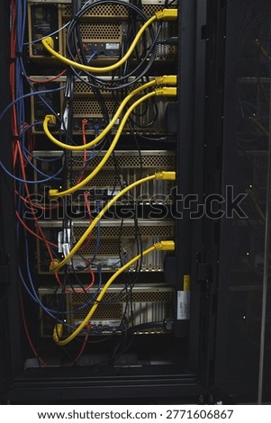 Hardware, cables and computing equipment in server room for database storage, cybersecurity or power. IT system, rack and wiring in data center for networking switches, info protection and connection