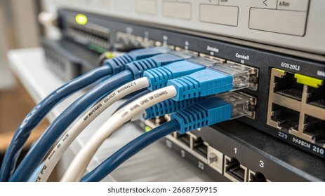 hardware cables connected to a internet network device technology closeup