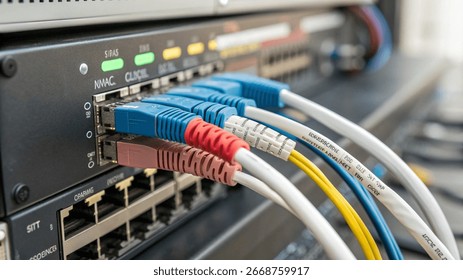 hardware cables connected to a internet network device technology closeup