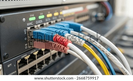 hardware cables connected to a internet network device technology closeup