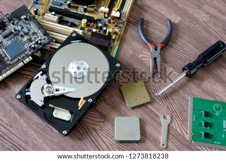 Hardware computer engineering brings computer cpu processor memory  socket processor and maintenance tool.Technology and development concept
