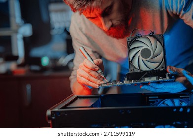 Hardware engineer technology maintenance. Computer chip electronic repair. Man technician pc service flat lay