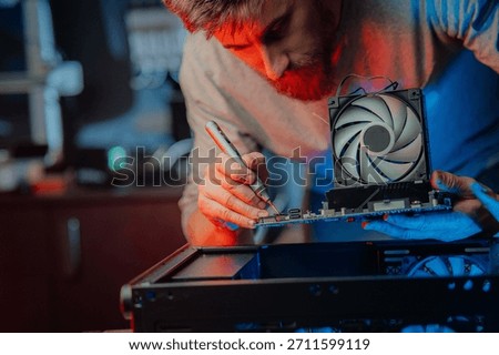 Hardware engineer technology maintenance. Computer chip electronic repair. Man technician pc service flat lay